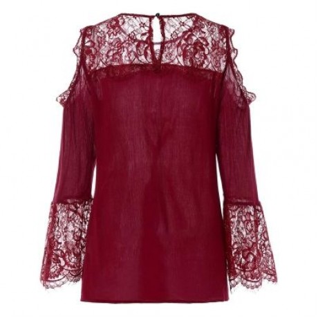 Open Shoulder Lace Insert Blouse (RED WINE)