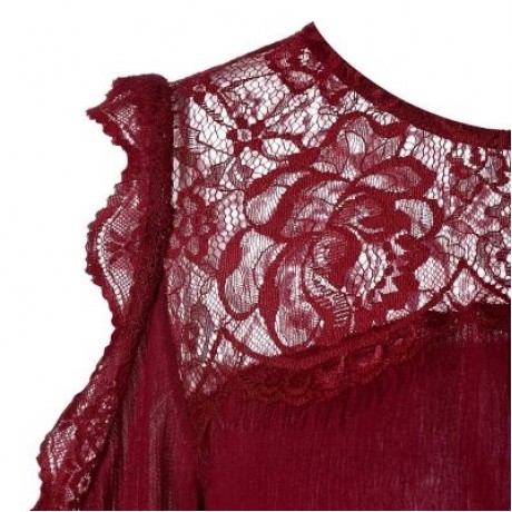 Open Shoulder Lace Insert Blouse (RED WINE)