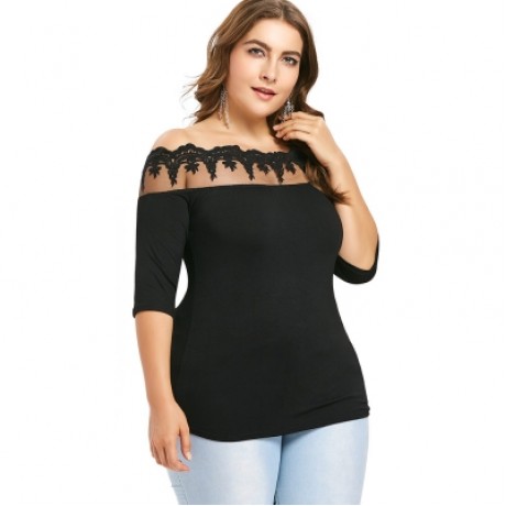 Plus Size Off The Shoulder Scalloped T-shirt (BLACK)