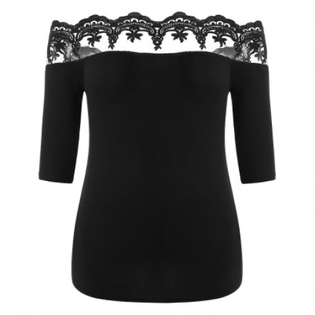 Plus Size Off The Shoulder Scalloped T-shirt (BLACK)