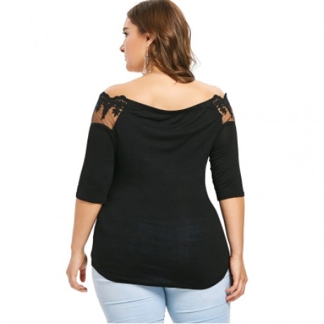 Plus Size Off The Shoulder Scalloped T-shirt (BLACK)