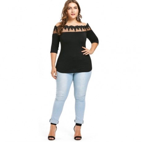 Plus Size Off The Shoulder Scalloped T-shirt (BLACK)