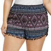 Plus Size Ethnic Print Tassel Shorts (BLACK)