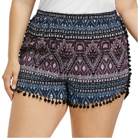 Plus Size Ethnic Print Tassel Shorts (BLACK)