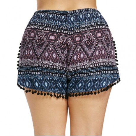 Plus Size Ethnic Print Tassel Shorts (BLACK)