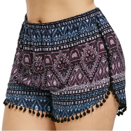 Plus Size Ethnic Print Tassel Shorts (BLACK)