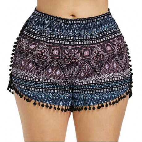 Plus Size Ethnic Print Tassel Shorts (BLACK)