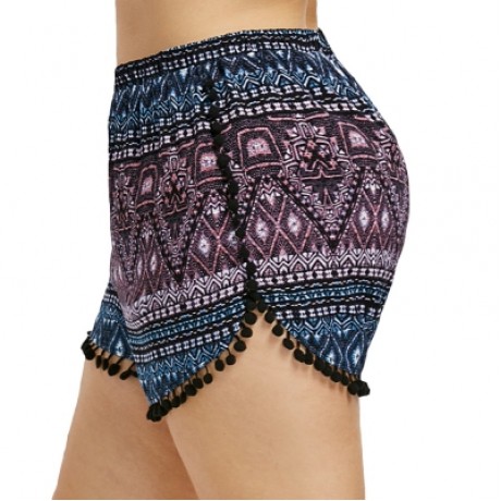 Plus Size Ethnic Print Tassel Shorts (BLACK)