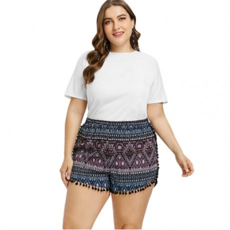 Plus Size Ethnic Print Tassel Shorts (BLACK)