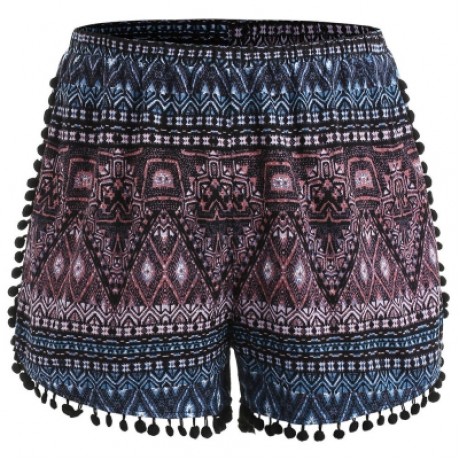 Plus Size Ethnic Print Tassel Shorts (BLACK)