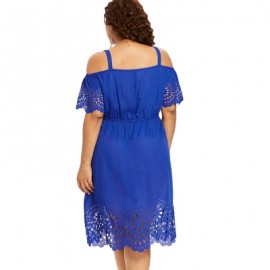 Plus Size Square Neck Cutwork Knee Length Dress (COBALT BLUE)