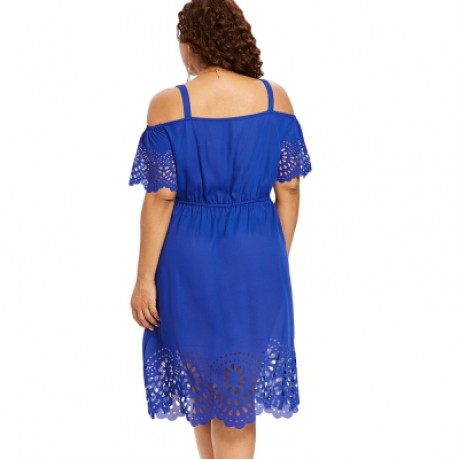 Plus Size Square Neck Cutwork Knee Length Dress (COBALT BLUE)