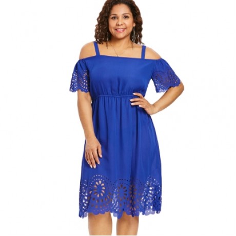 Plus Size Square Neck Cutwork Knee Length Dress (COBALT BLUE)