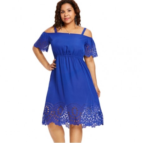 Plus Size Square Neck Cutwork Knee Length Dress (COBALT BLUE)