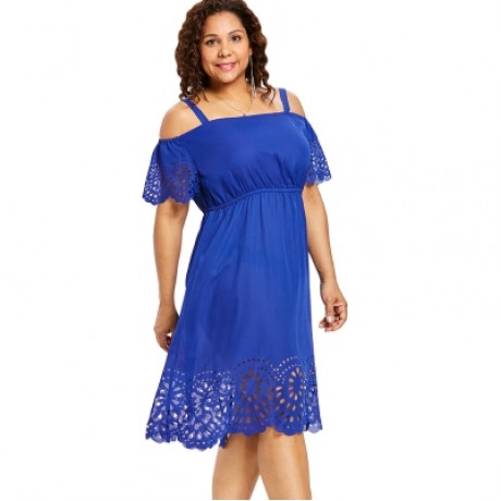 Plus Size Square Neck Cutwork Knee Length Dress (COBALT BLUE)