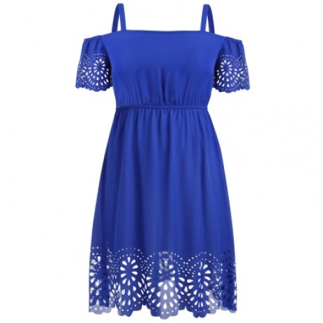 Plus Size Square Neck Cutwork Knee Length Dress (COBALT BLUE)