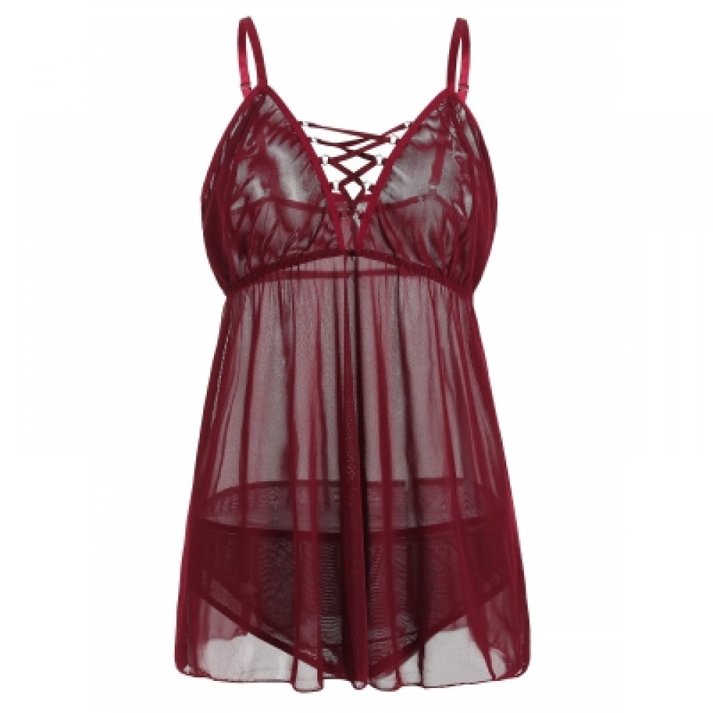 PLUS SIZE SEE THROUGH LINGERIE CHEMISE (RED WINE)