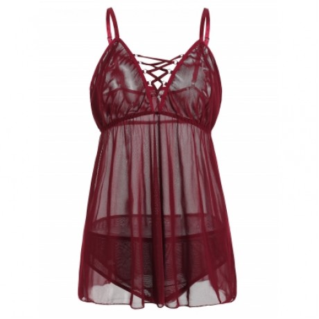 PLUS SIZE SEE THROUGH LINGERIE CHEMISE (RED WINE)