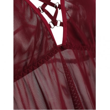 PLUS SIZE SEE THROUGH LINGERIE CHEMISE (RED WINE)