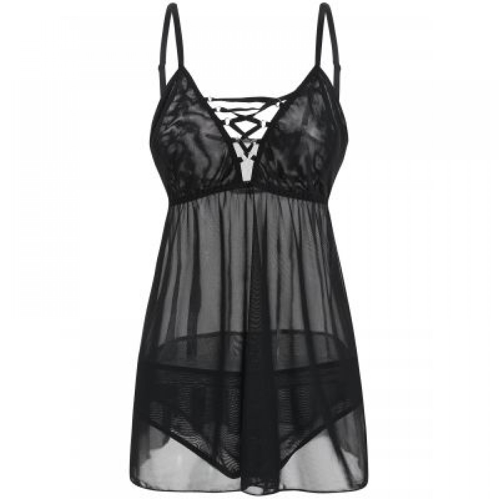Plus Size See Through Lingerie Chemise (BLACK)