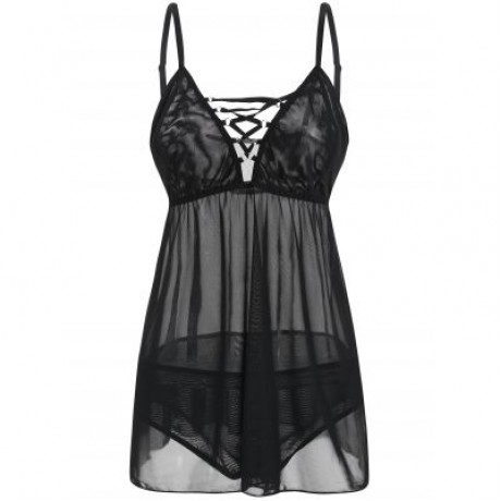 Plus Size See Through Lingerie Chemise (BLACK)