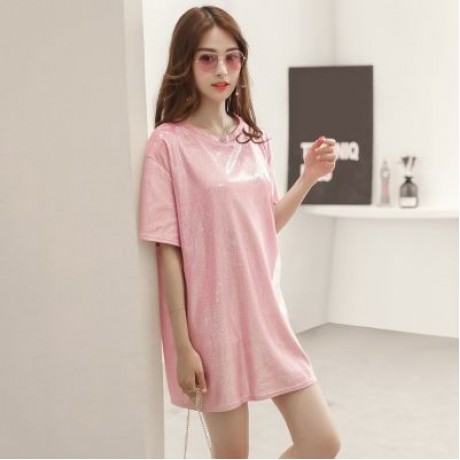 Round Collar Short Sleeve Loose Metallic Yarn Women T-shirt (LIGHT PINK)