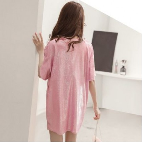 Round Collar Short Sleeve Loose Metallic Yarn Women T-shirt (LIGHT PINK)