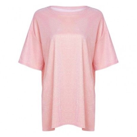Round Collar Short Sleeve Loose Metallic Yarn Women T-shirt (LIGHT PINK)