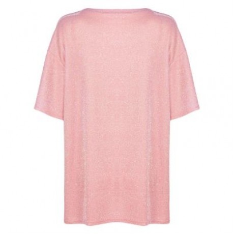 Round Collar Short Sleeve Loose Metallic Yarn Women T-shirt (LIGHT PINK)