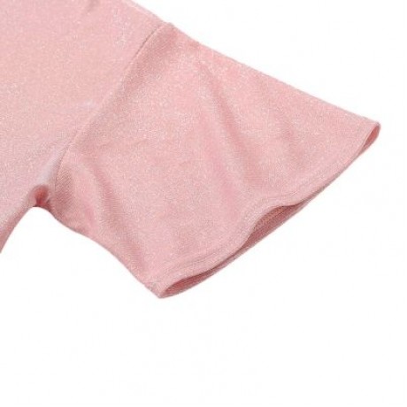 Round Collar Short Sleeve Loose Metallic Yarn Women T-shirt (LIGHT PINK)