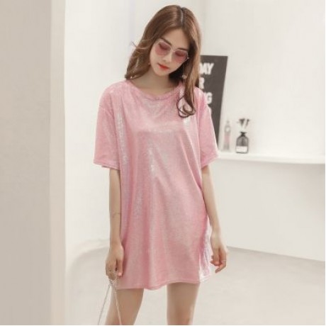 Round Collar Short Sleeve Loose Metallic Yarn Women T-shirt (LIGHT PINK)