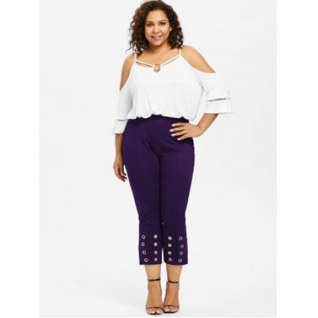 Plus Size Grommet Embellished Pants (PURPLE)