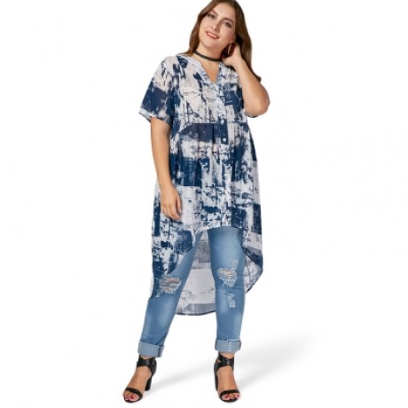 Printed High Low Chiffon Plus Size Top (BLUE)