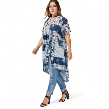 Printed High Low Chiffon Plus Size Top (BLUE)
