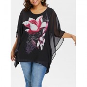 FLORAL PRINT PLUS SIZE CHIFFON BLOUSE (BLACK)