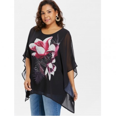 FLORAL PRINT PLUS SIZE CHIFFON BLOUSE (BLACK)