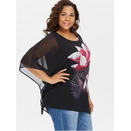 FLORAL PRINT PLUS SIZE CHIFFON BLOUSE (BLACK)