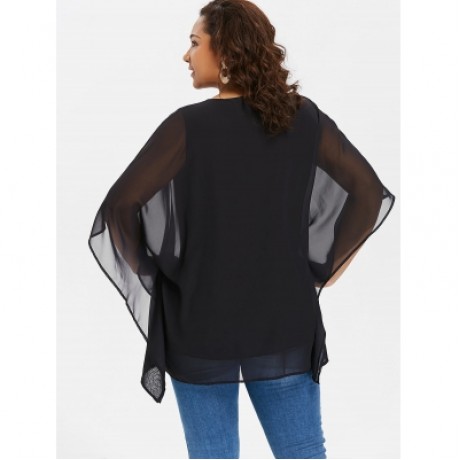 FLORAL PRINT PLUS SIZE CHIFFON BLOUSE (BLACK)