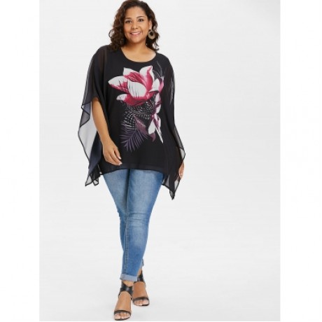 FLORAL PRINT PLUS SIZE CHIFFON BLOUSE (BLACK)