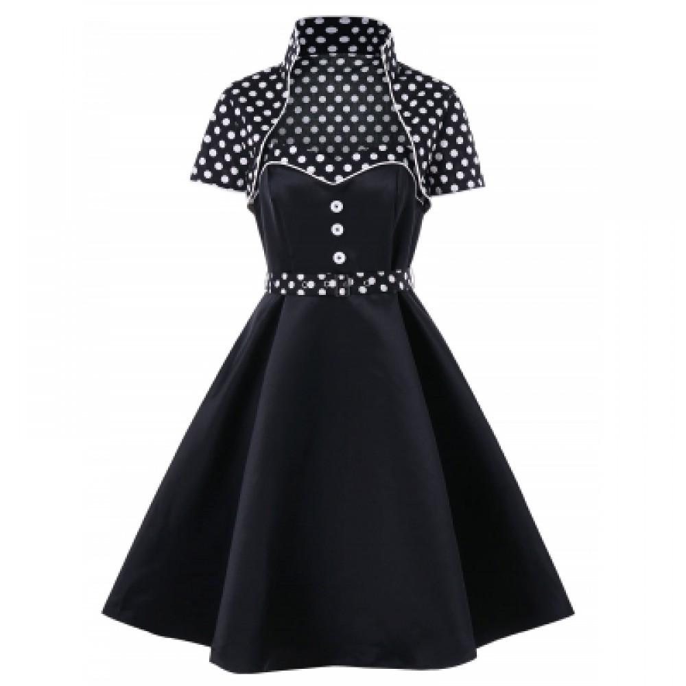 Belted Vintage Dress and Polka Dot Jacket (BLACK)