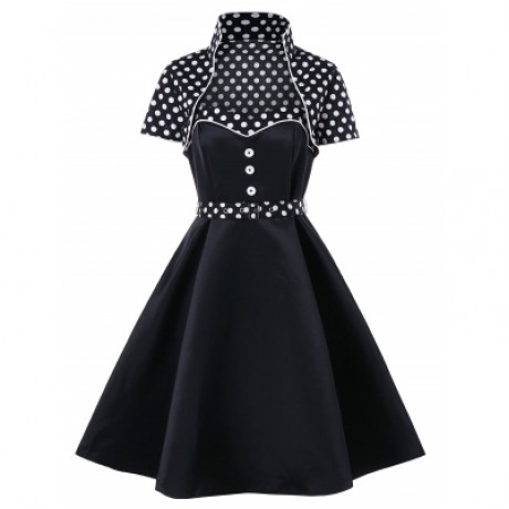 Belted Vintage Dress and Polka Dot Jacket (BLACK)
