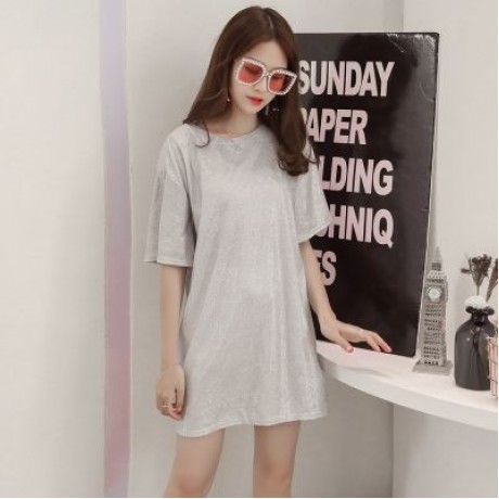 Round Collar Short Sleeve Loose Metallic Yarn Women T-shirt (SILVER)