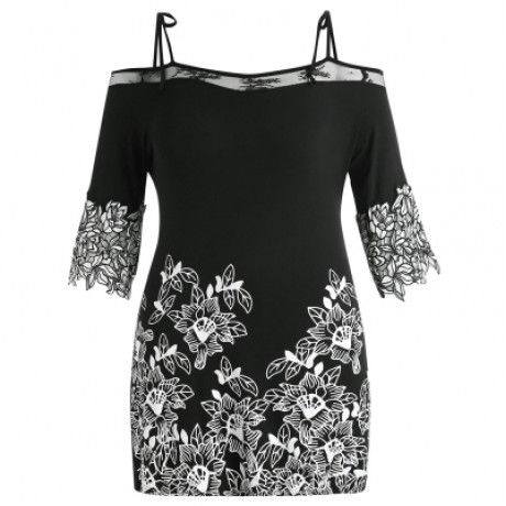 Plus Size Lace Applique Cold Shoulder Floral T-shirt (BLACK)