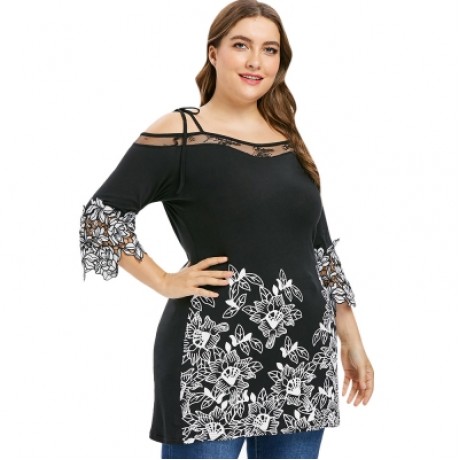 Plus Size Lace Applique Cold Shoulder Floral T-shirt (BLACK)