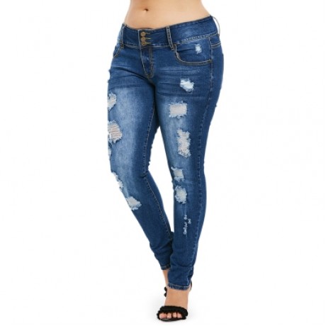 Plus Size Ripped High Waisted Jeans (DENIM DARK BLUE)