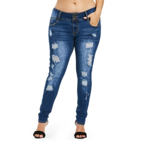 Plus Size Ripped High Waisted Jeans (DENIM DARK BLUE)