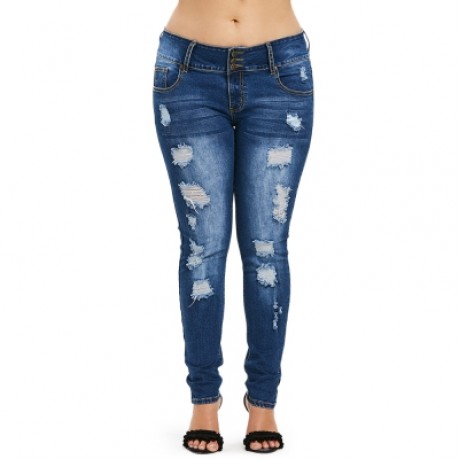 Plus Size Ripped High Waisted Jeans (DENIM DARK BLUE)