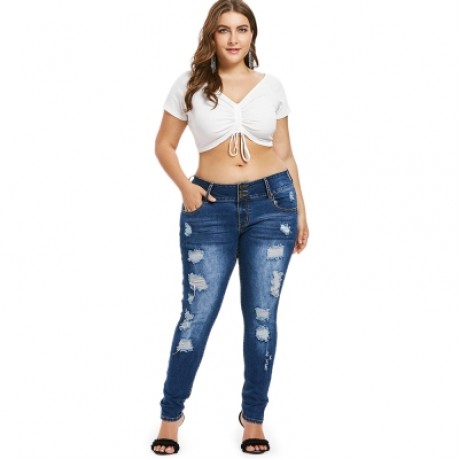 Plus Size Ripped High Waisted Jeans (DENIM DARK BLUE)