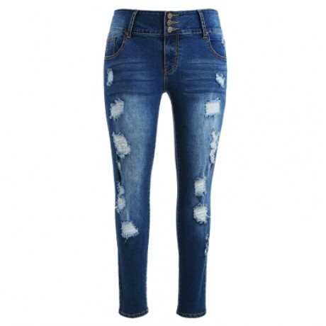 Plus Size Ripped High Waisted Jeans (DENIM DARK BLUE)