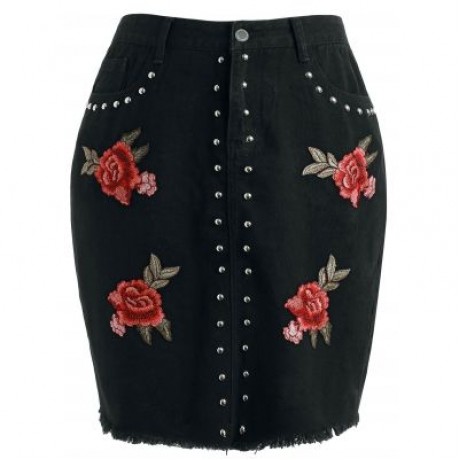 Plus Size Embroidery Denim Skirt (BLACK)
